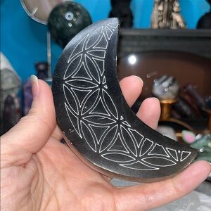 Selenite dyed black etched moon (as is)